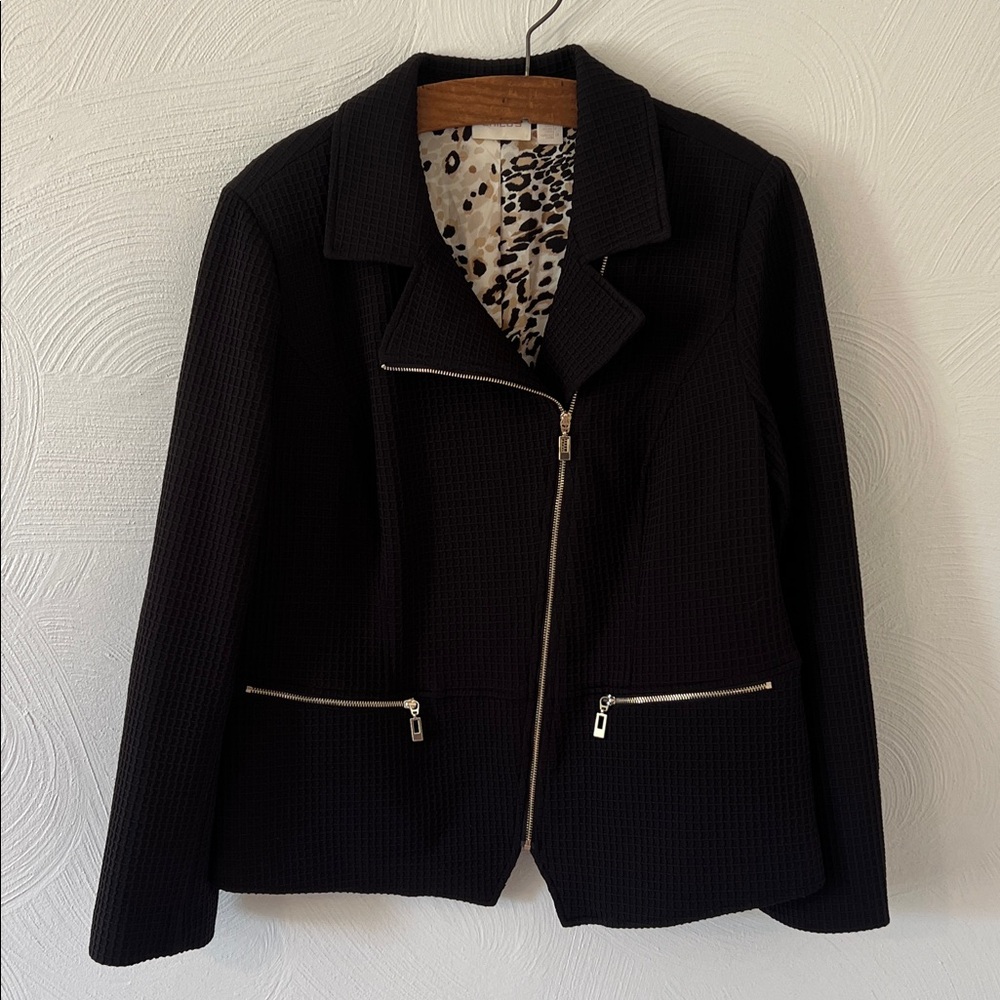 Chico’s Black Waffle Knit Biker Style Blazer With Animal Print Lining. - Picture 1 of 14